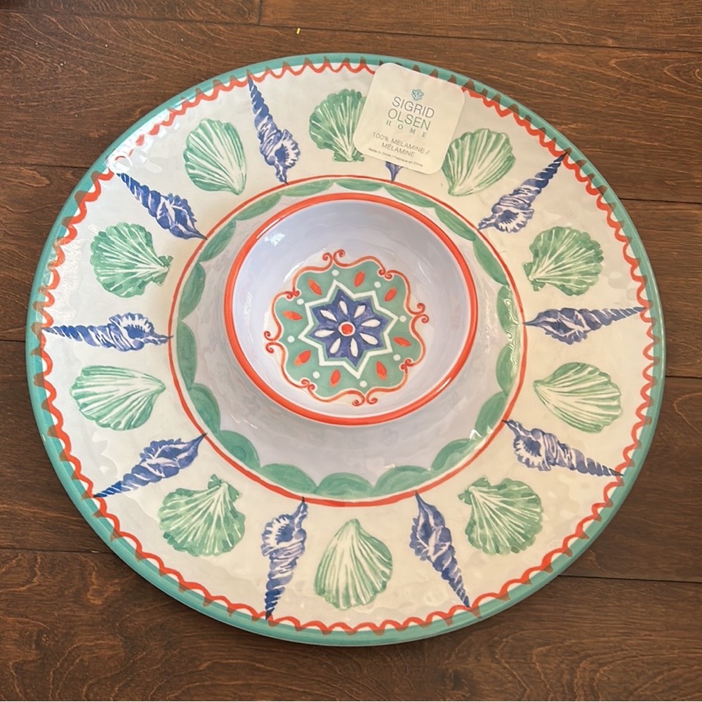 NEW Sigrid olsen MELAMINE  15” Chip n dip, Coastal SEA SHELL Tray Platter